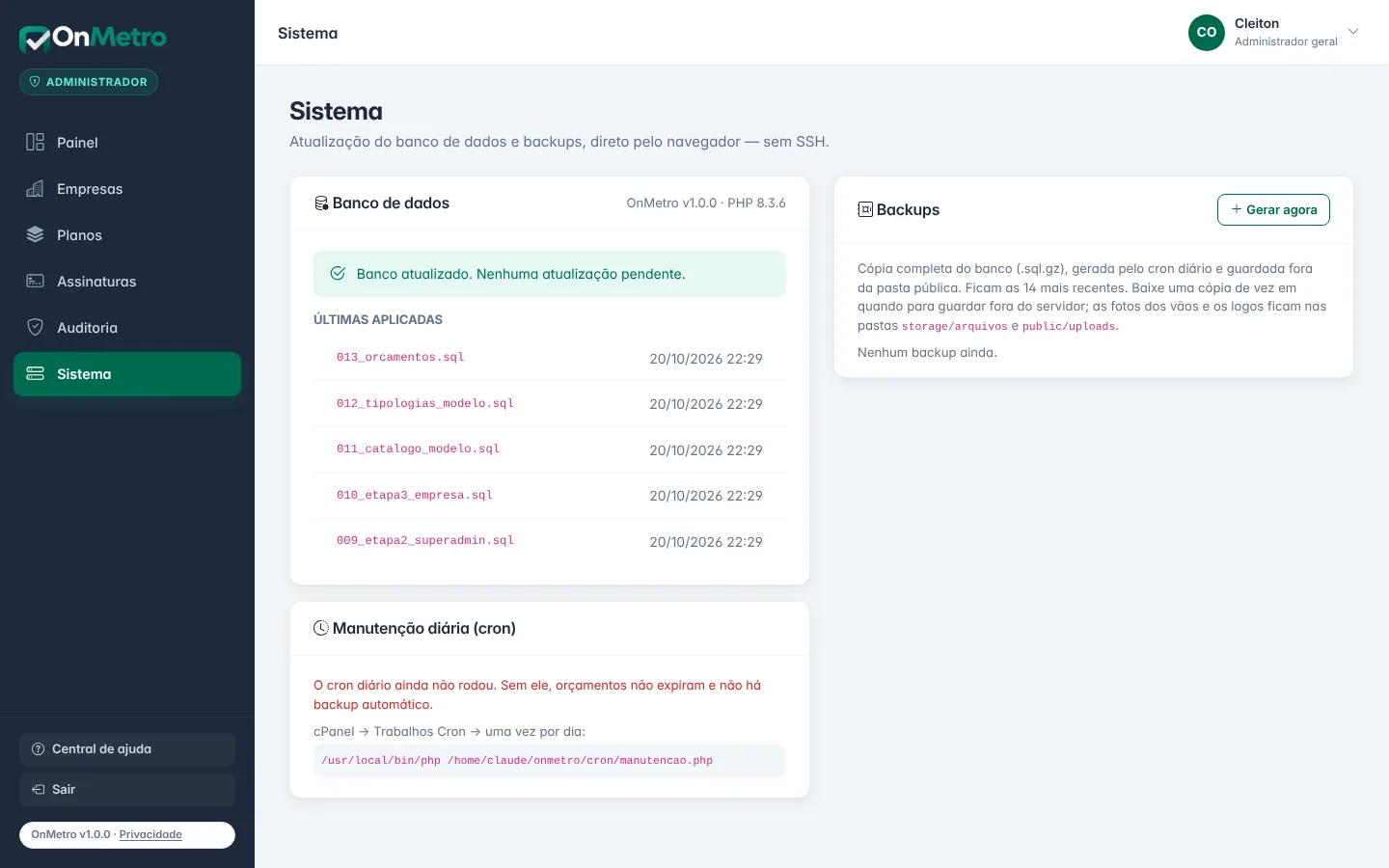 Sistema: atualização do banco de dados, situação do cron e backups