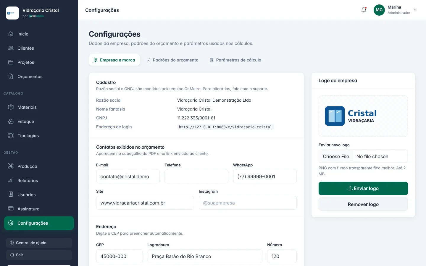Configurações → Empresa e marca: cadastro, contatos, logo e cor dos orçamentos
