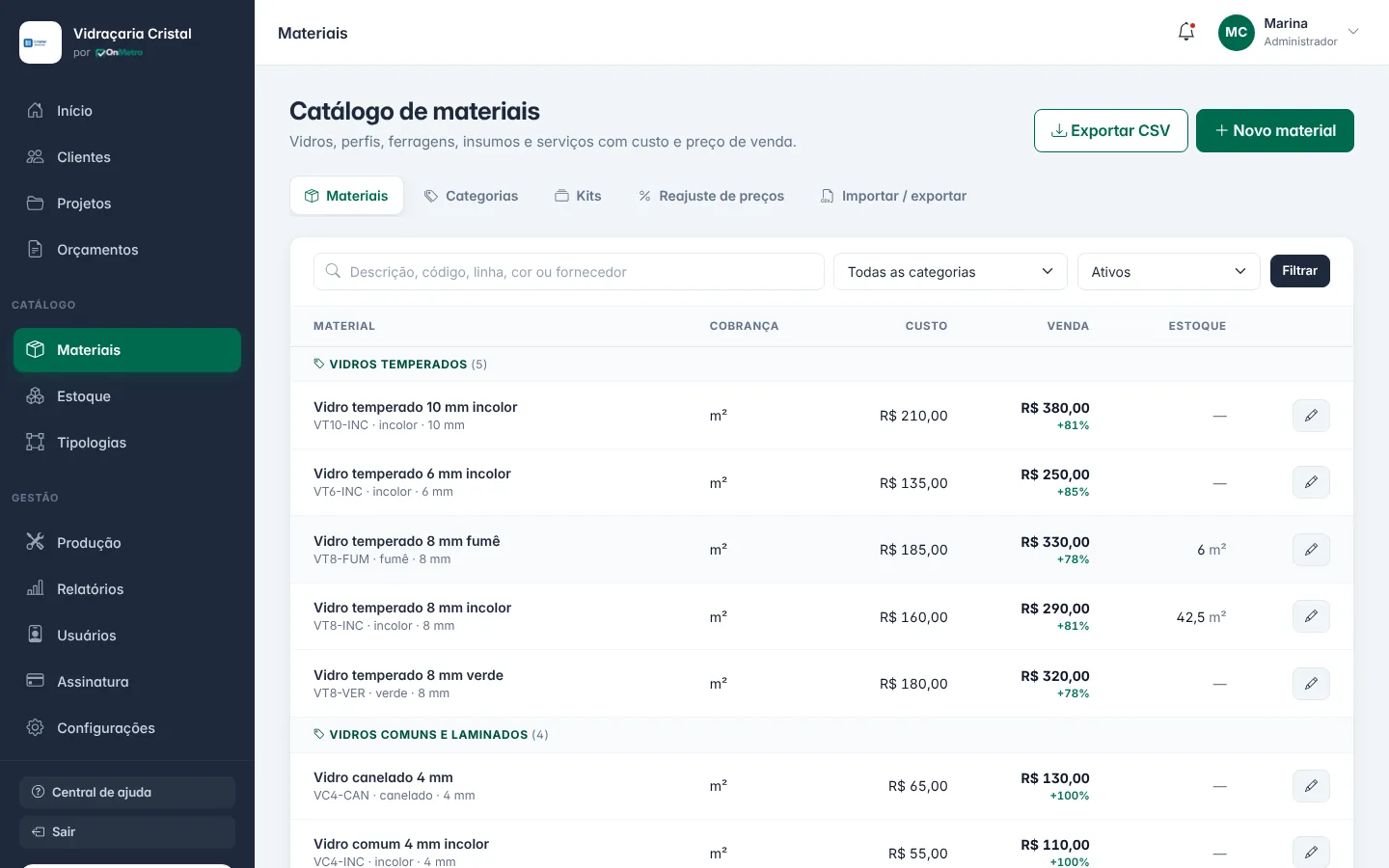 Materiais: busca por descrição ou código, filtros por categoria e situação