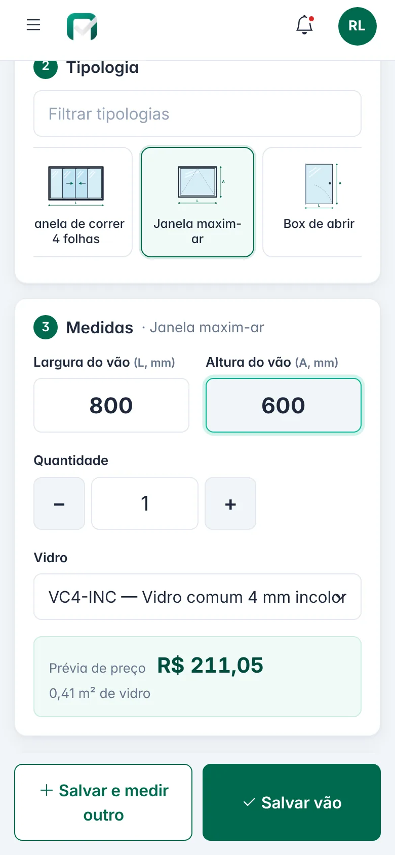 Ambiente com sugestões de um toque e escolha da tipologia pelo croqui