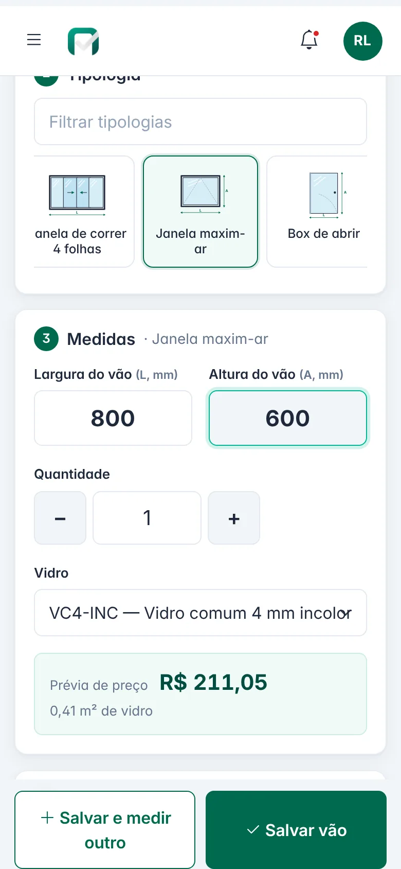 Medidas grandes, quantidade, escolha do vidro e prévia do preço