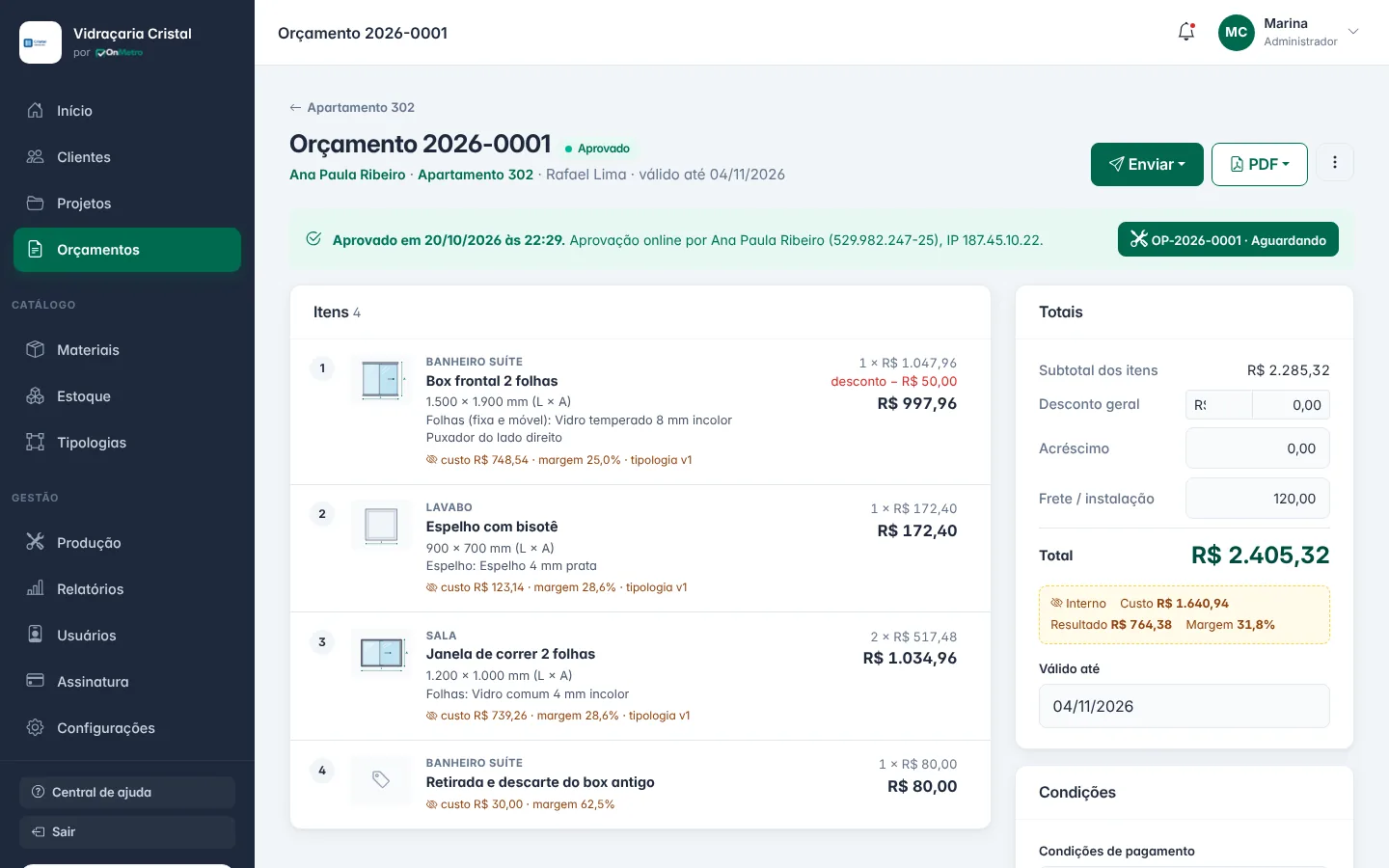 Orçamento aprovado online, com os dados da aprovação e o acesso à ordem de produção
