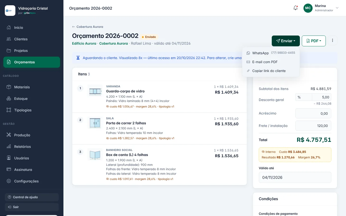 Botão Enviar: WhatsApp, e-mail com PDF ou copiar o link
