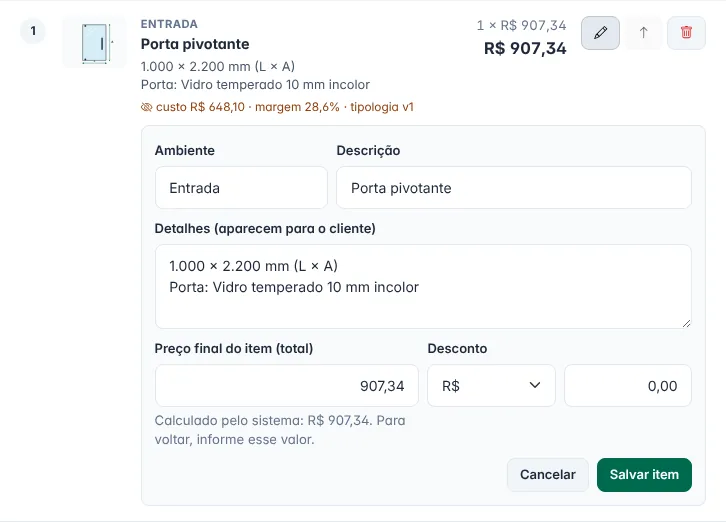 Ajuste de preço e desconto de um item