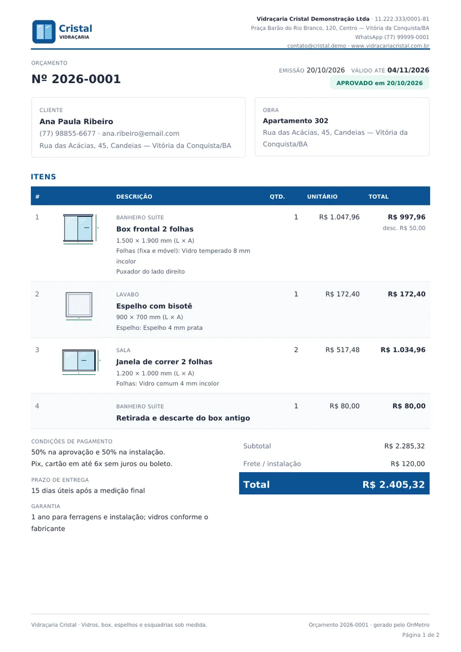 PDF do cliente: logo, cor, itens com croqui, totais, condições e assinatura