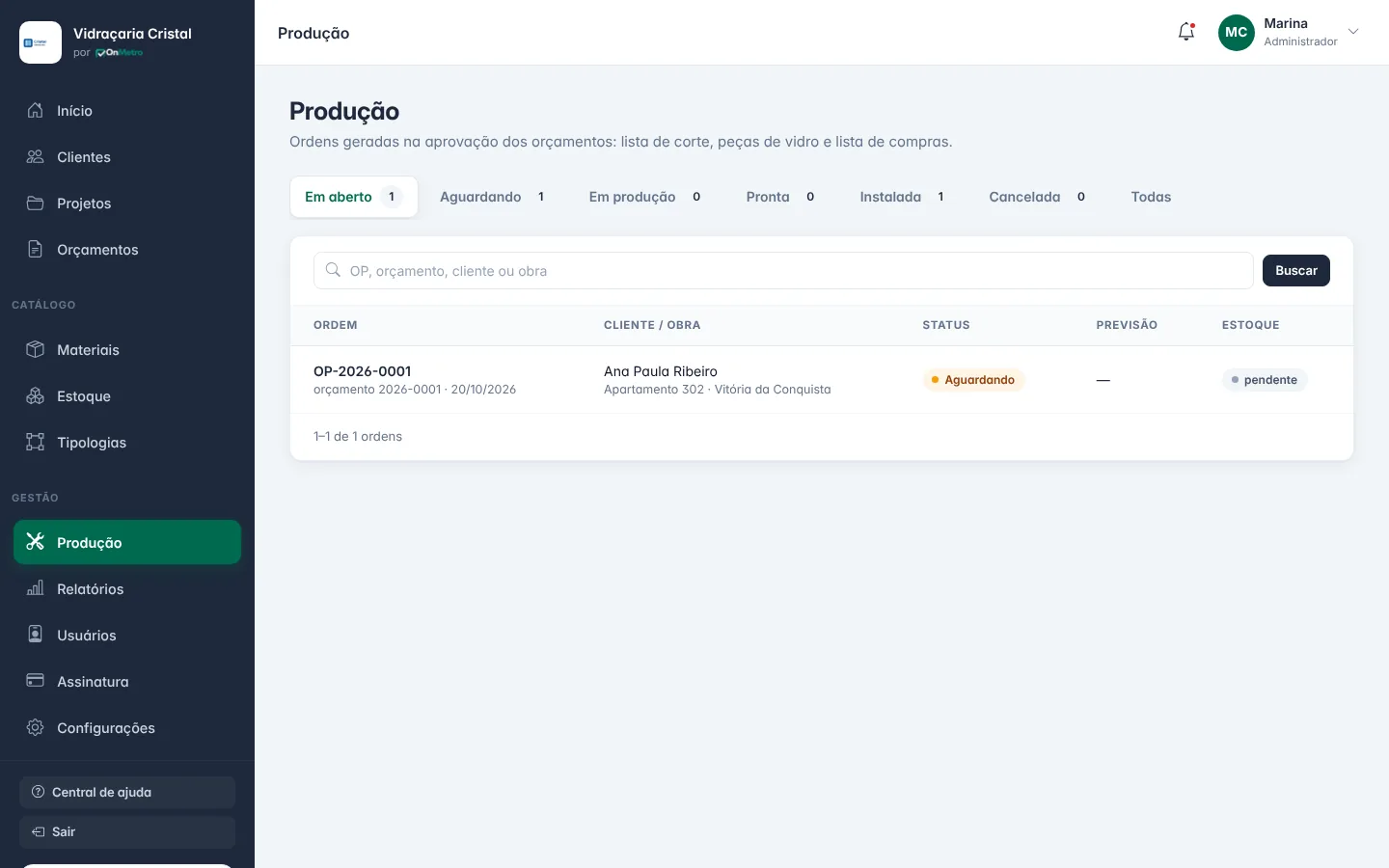 Ordens de produção em aberto