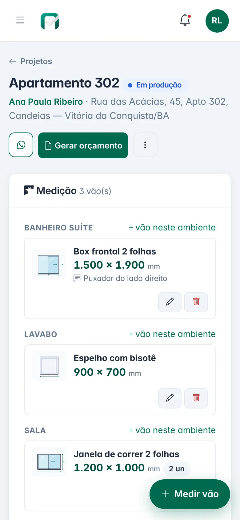 O mesmo projeto no celular, com o botão flutuante “Medir vão”