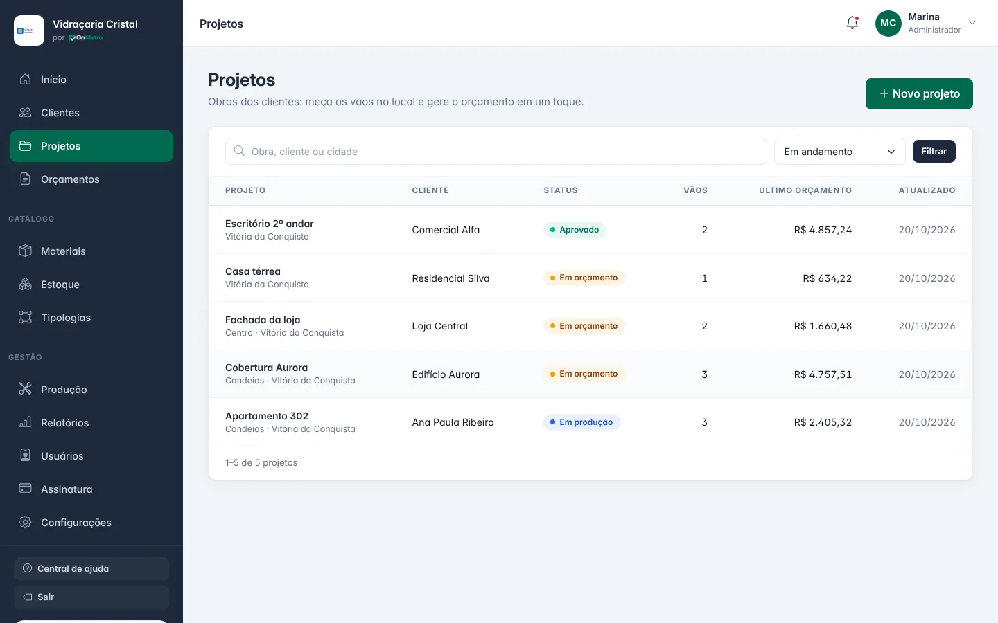 Lista de projetos em andamento, com status, vãos e valor do último orçamento
