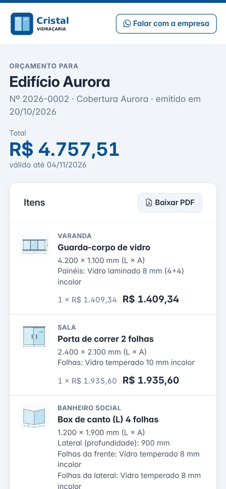 Página do cliente no celular