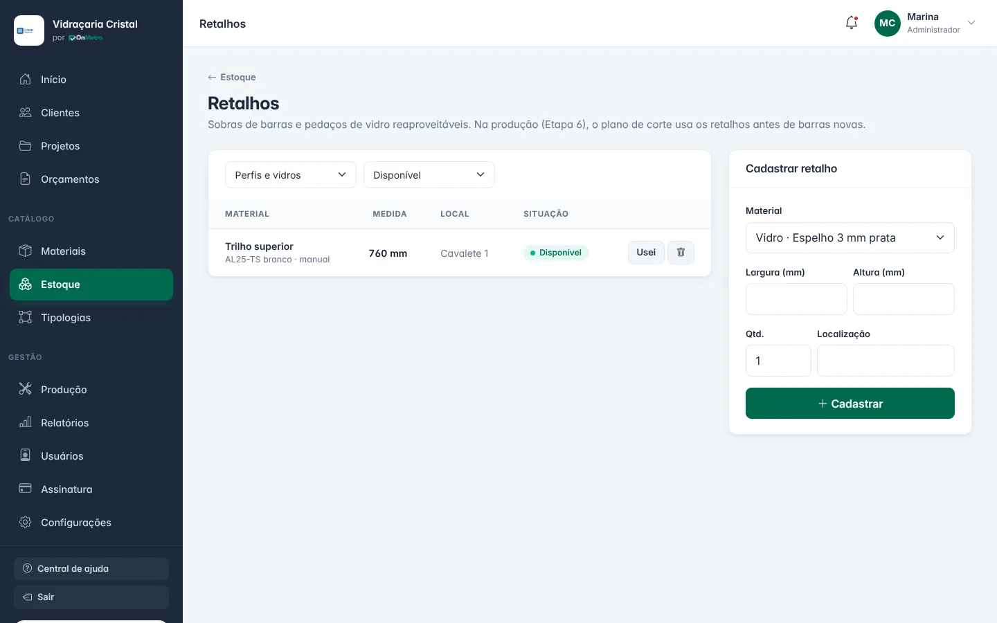 Retalhos disponíveis, reservados e usados