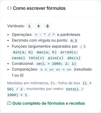 Resumo de sintaxe no editor; clique numa variável para inserir no campo selecionado