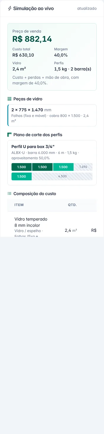 Simulação ao vivo: preço, vidro e barras