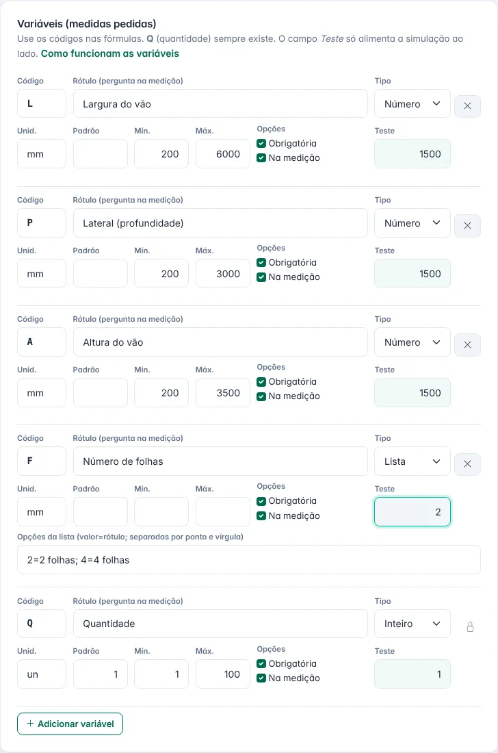 Variáveis do box de canto: L, P (profundidade), A, uma lista de folhas e Q