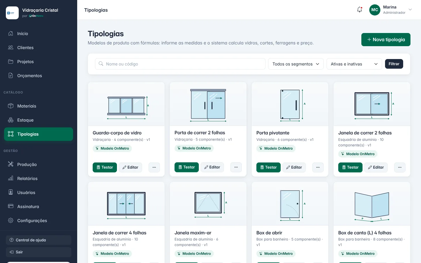 Tipologias da empresa, com croqui, segmento e versão